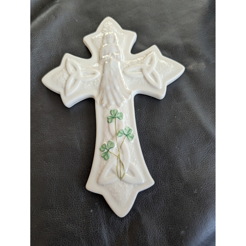 Belleek Ireland Parian China Communion Cross Girl Shamrocks Celtic Knot 2799